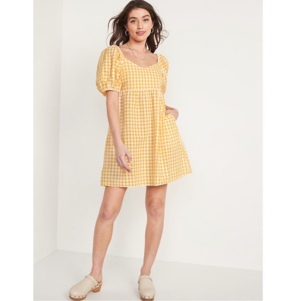 Old Navy Dress Women's 2XL Yellow White Gingham Mini Prairie Peasant Boho Picnic